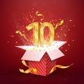 10 th years number anniversary and open gift box with explosions confetti isolated design element. Template ten tenth birthday
