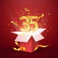 35 th years number anniversary and open gift box with explosions confetti isolated design element. Template thirty five birthday