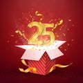 25 th years number anniversary and open gift box with explosions confetti isolated design element. Template twenty five birthday