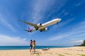 Thai airways airplane ,boeing 777, landing at phuket airport Royalty Free Stock Photo