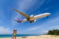 Thai airways airplane ,boeing 777, landing at phuket airport Royalty Free Stock Photo