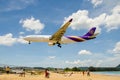 Thai Airways airplane landing at Phuket International airport Royalty Free Stock Photo