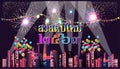 Thai alphabet Text Happy new year 2563 translation with Building in the city,Fireworks Colorful, balloon, Colorful flags - backgro