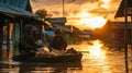 Thai army members delivering food and aid to villagers stranded in their homes, surrounded by floodwaters, with a warm sunset glow