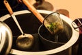 Thai Asian Street Food on rowing boat, fresh white rice Noodle Blanched in Noodle strainer basket with wood handle Royalty Free Stock Photo