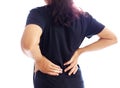 Thai asian woman with lumbar pain, backache and massage on waist