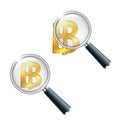 Thai baht golden currency symbol with magnifying glass.