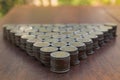 Thai Baht lots coin Arranged in triangle shape on with blurred background texture, Money stack for business planning investment an