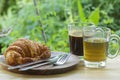 Thai Black Coffee and hot Tea with croissant bread on  Wooden Bar Royalty Free Stock Photo