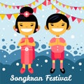 Thai boy and girl in Songkran festival. Thailand, Asian children, cartoon characters in traditional costume. Vector Royalty Free Stock Photo