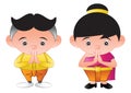 Thai bubble head boy and girl is greeting in called sawasdee,in