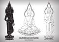 Thai buddha sitting Outline Silhouettes black and white
