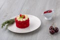 Thai Cake. Velvet red cake. Cookies decorated with red cake on w Royalty Free Stock Photo