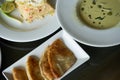Thai chicken green curry with roti and fried rice on table Royalty Free Stock Photo