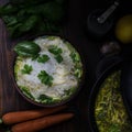 Thai chicken noodle soup, dark moody still life