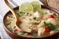 Thai chicken soup tom kha gai with coconut milk close-up in a bo