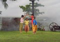 Thai children folk, boys and girls in family, playing local traditional game in Thai culture concept. Thailand. Old lifestyle