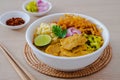 Thai coconut curry noodle soup with pork Khao Soi Moo, Northern thai food Royalty Free Stock Photo