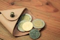 Thai coins in brown leather wallet on wood table. Royalty Free Stock Photo