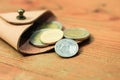 Thai coins in brown leather wallet on wood table. Royalty Free Stock Photo