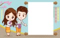 Thai couple cartoon character in traditional costume presenter Sawasdee and welcome for menu template