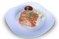 Thai crispy chicken served on steamed rice with sweet chilli sauce and cucumber slices. Traditional south east asian cuisine.and i Royalty Free Stock Photo