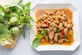 Thai cuisine spicy pork salad, Moo Nam Tok.