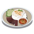 Vector illustration. Chicken rice with blood, cucumber and dipping sauce as ingredients. Place in a plate. Suitable for making pos