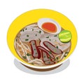 Vector illustration Tom yum noodles with boiled egg, lime, chili, pork, bean sprouts, thin strips, coriander as ingredients, place