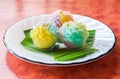 Thai dessert Kanom Chor Phaka stuff with soybean, colourful thai sweet in flower shape