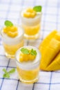 Thai dessert mango pudding, ripe mango dip in agar and coconut milk jelly on top