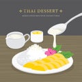 Thai Dessert, Mango and sticky rice with coconut milk and mango sauce. Cartoon Vector illustration