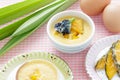 Thai dessert, steamed custard in blue Bowl with ingredient.