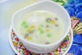 Thai dessert,Sticy rice pearls in coconut milk with poached egg Royalty Free Stock Photo