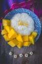 Thai Dessert Sweet Sticky Rice with Mango on Old Wooded