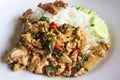 Thai dish close up rice topped with stir fried minced pork