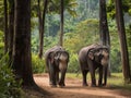 Thai elephants walk through a quiet forest area