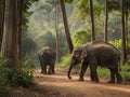 Thai elephants walk through a quiet forest area