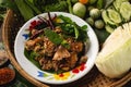 [Thai Esan food] Spicy Mushroom Straw mushroom Salad, Thai Esan local food, Thailand Royalty Free Stock Photo