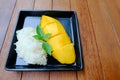 Thai famous dessert: Mango with sticky rice topping with coconut milk
