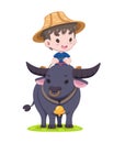 Thai farmer riding buffalo cartoon illustration