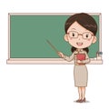 Thai female teacher holding a stick in front of blackboard. Royalty Free Stock Photo