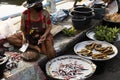 Thai fishmonger sale fresh freshwater fish for people travelers select buy shopping products goods food at local street market Royalty Free Stock Photo