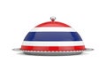 Thai Food Concept. Silver Plate and Food Cover Restaurant Cloche with Thai Flag. 3d Rendering