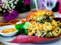 Thai food concept. Stir-fried rice noodles (Pad Thai) with big shrimp Royalty Free Stock Photo