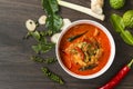 Thai Food Curry pock Spicy on wood table, Cooking Concept