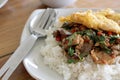 Thai food. Fried basil leave with pork on rice