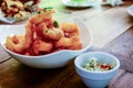 Thai food : Fried Crispy Calamari Ring with Sauce Bowl Royalty Free Stock Photo
