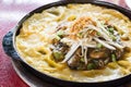 Thai food, fried mussel pancake in hot pan Royalty Free Stock Photo