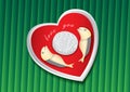 Thai food on green banana leaf vector illustration. Fried mackerel and rice on a heart shaped plate. concept love